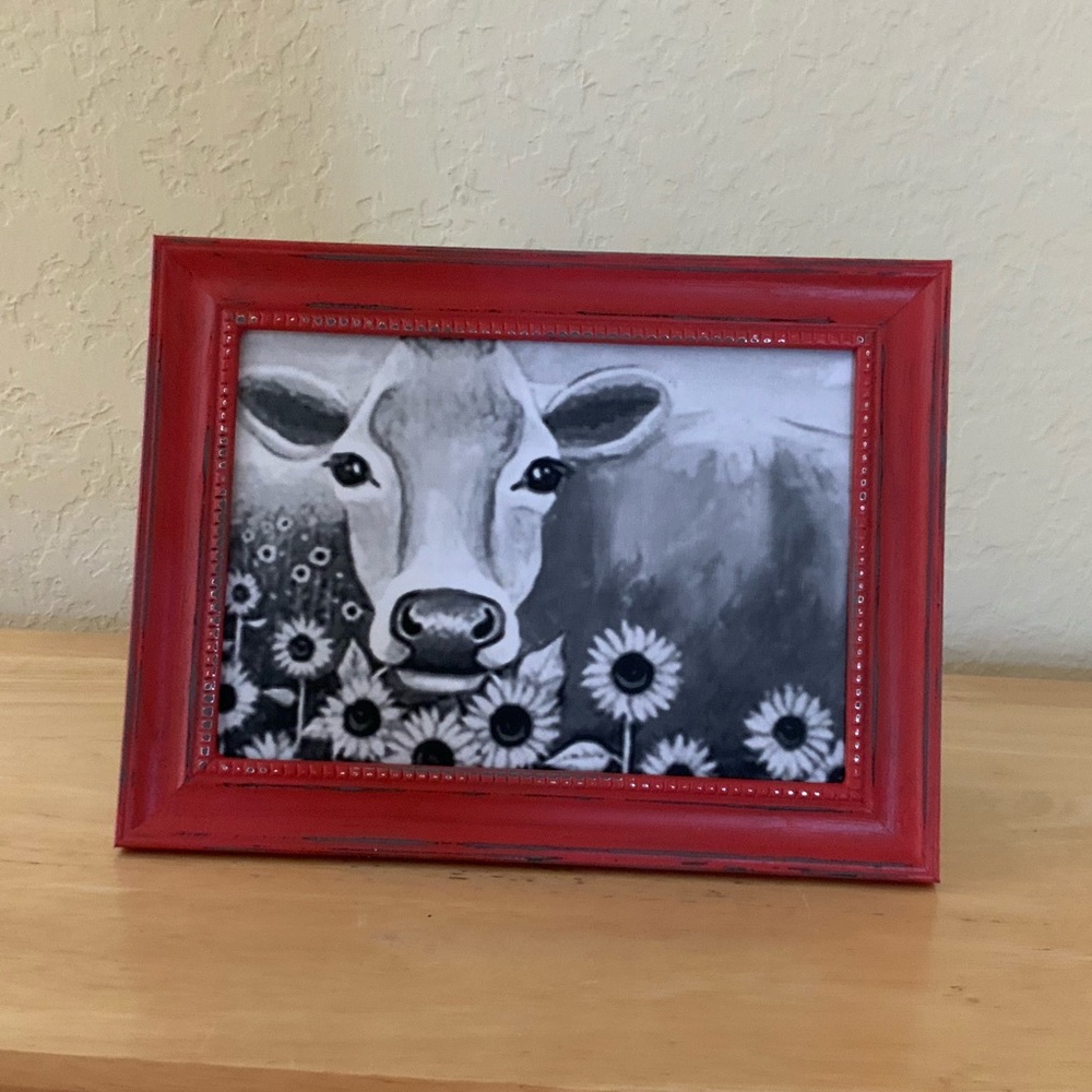 Farmhouse Cow and sunflowers picture 5x7 w/frame